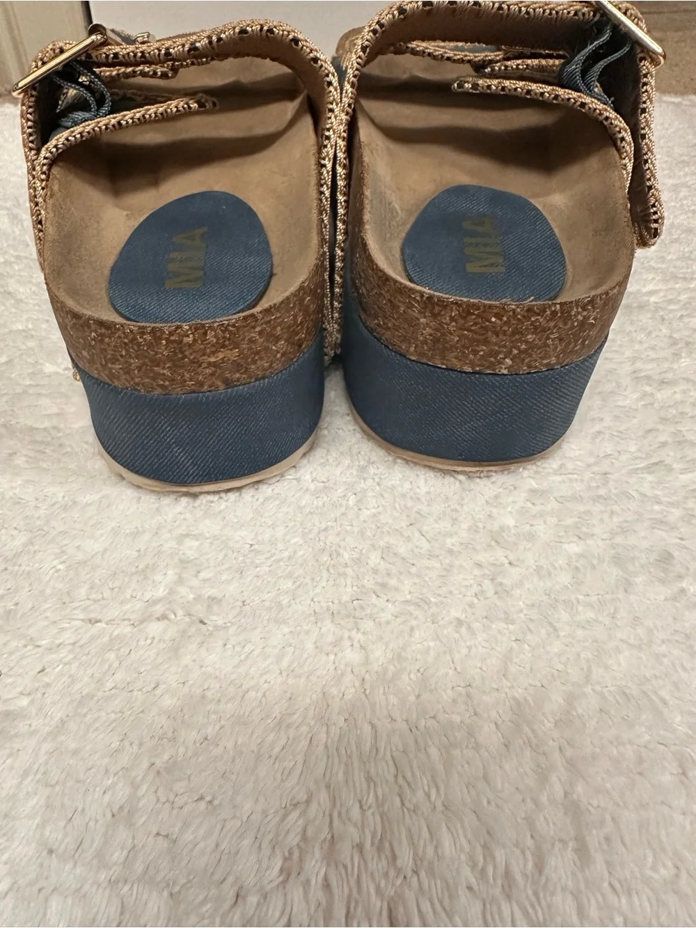 MIA Kids Denim Blue Double-Buckle Slide Sandals with Gold Buckles